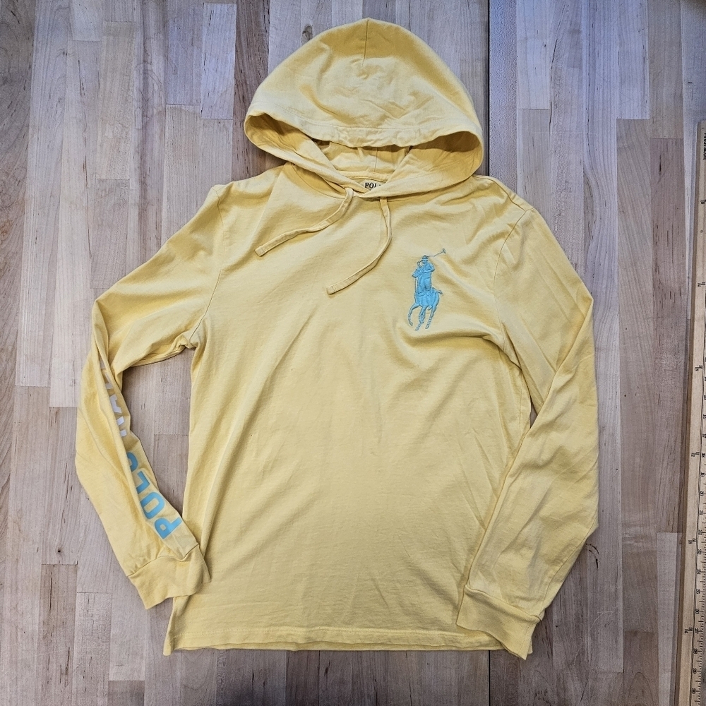 Polo Ralph Lauren Shirt Mens Small Yellow Hooded Big Pony Long Sleeve Spell Out - Picture 3 of 9